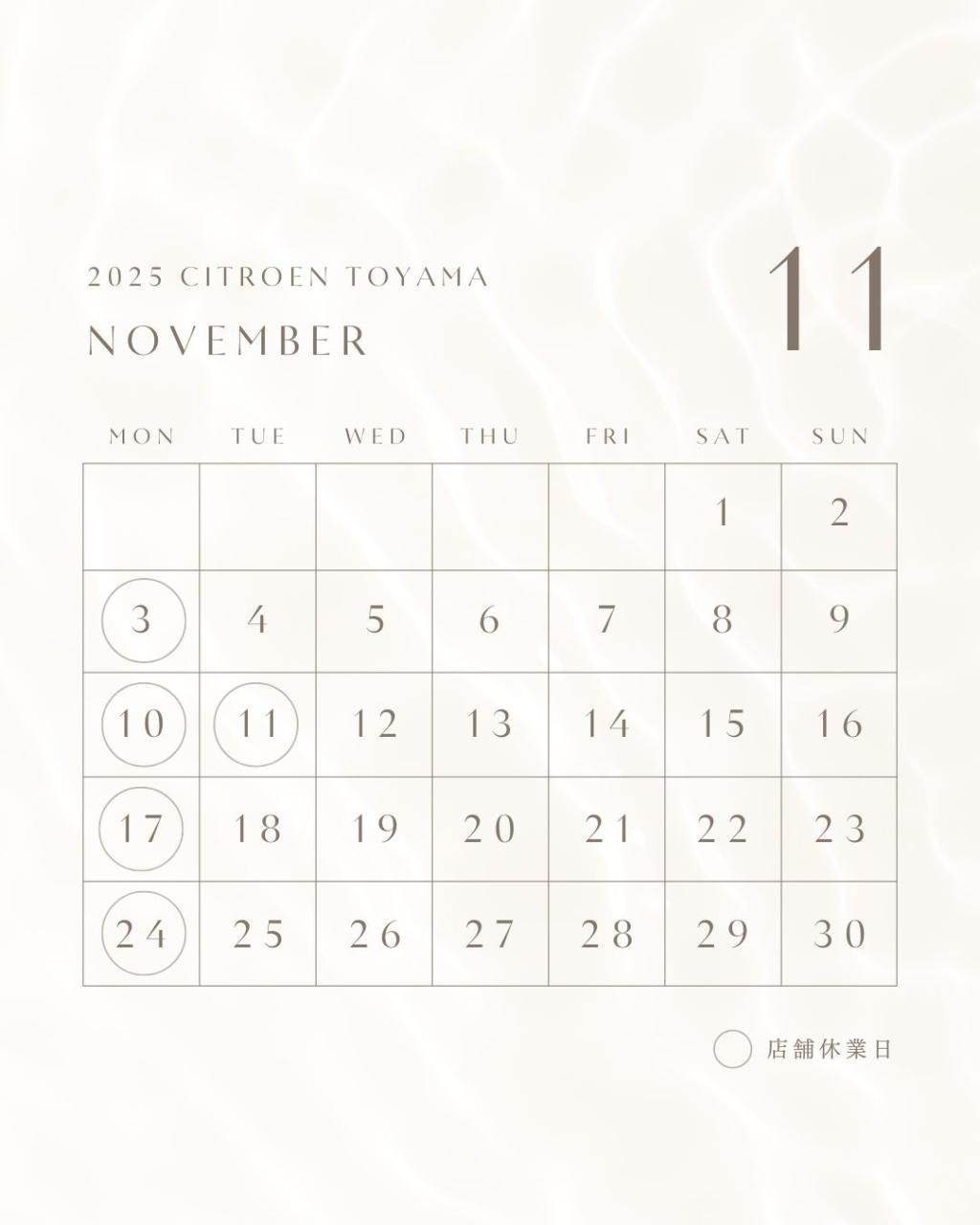 ～11月定休日のお知らせ～